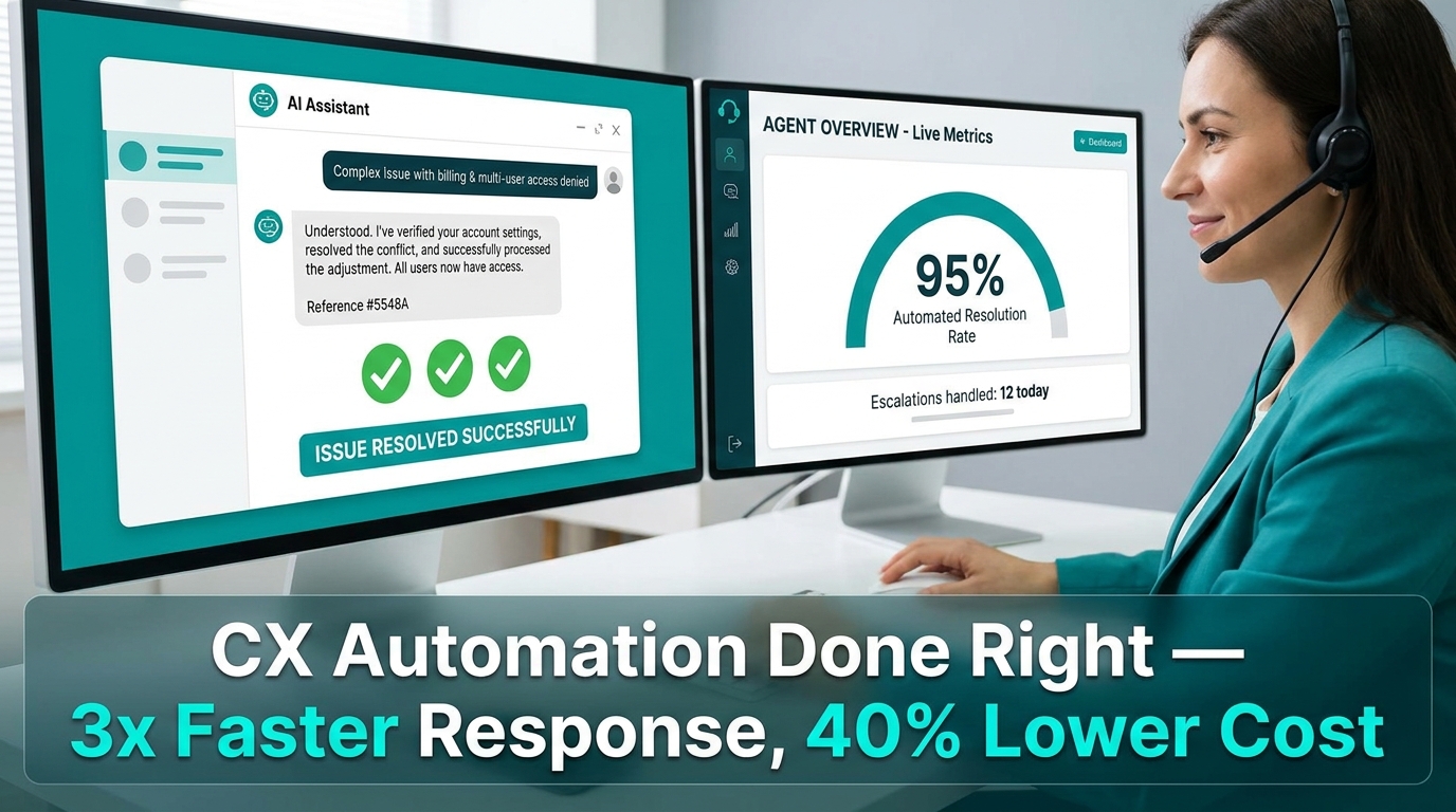 Customer service automation dashboard showing 95% automated resolution rate, chatbot resolving customer issues, and human agent monitoring escalations