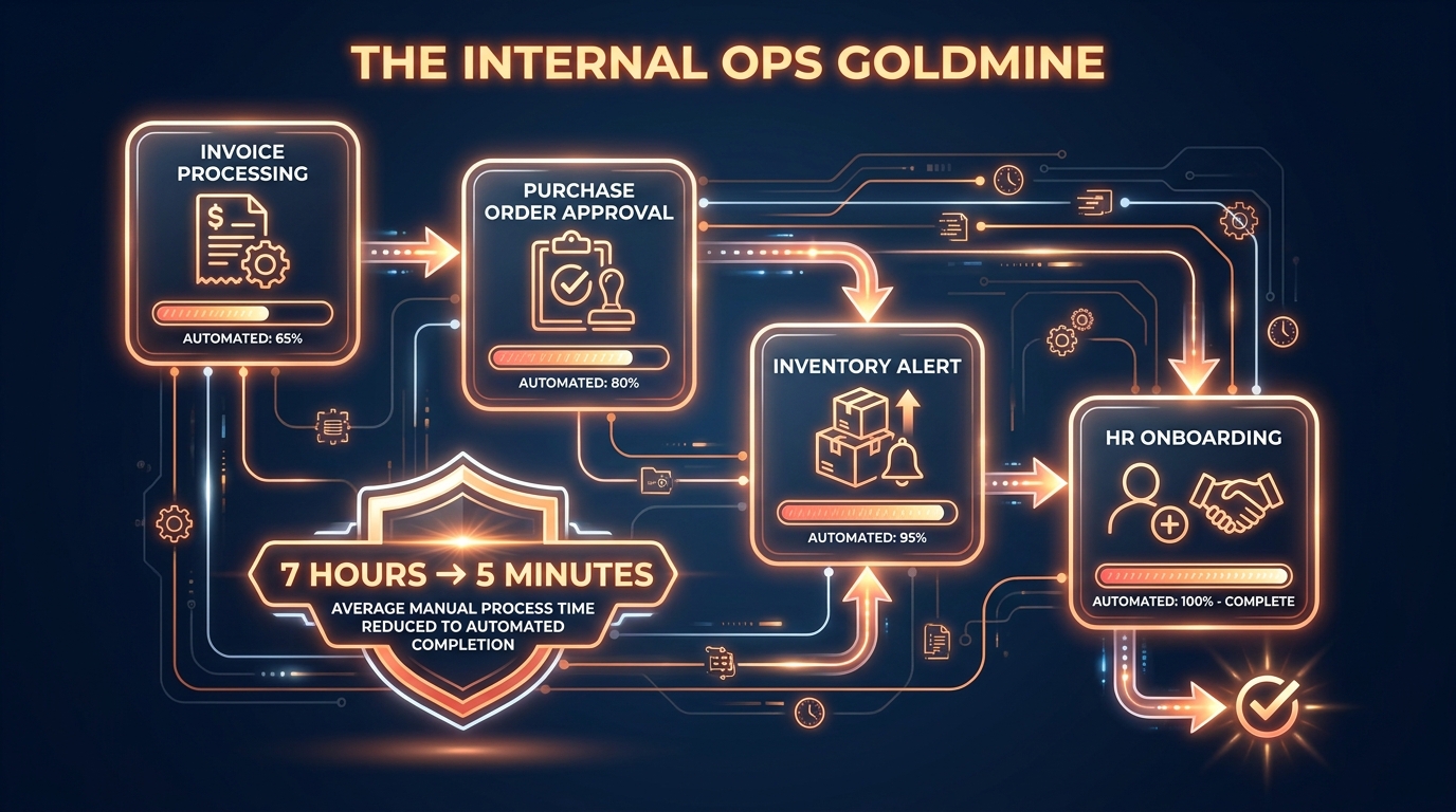 Operations workflow automation diagram showing invoice processing, purchase order approval, inventory alerts, and HR onboarding flowing automatically with a callout showing 7 hours reduced to 5 minutes