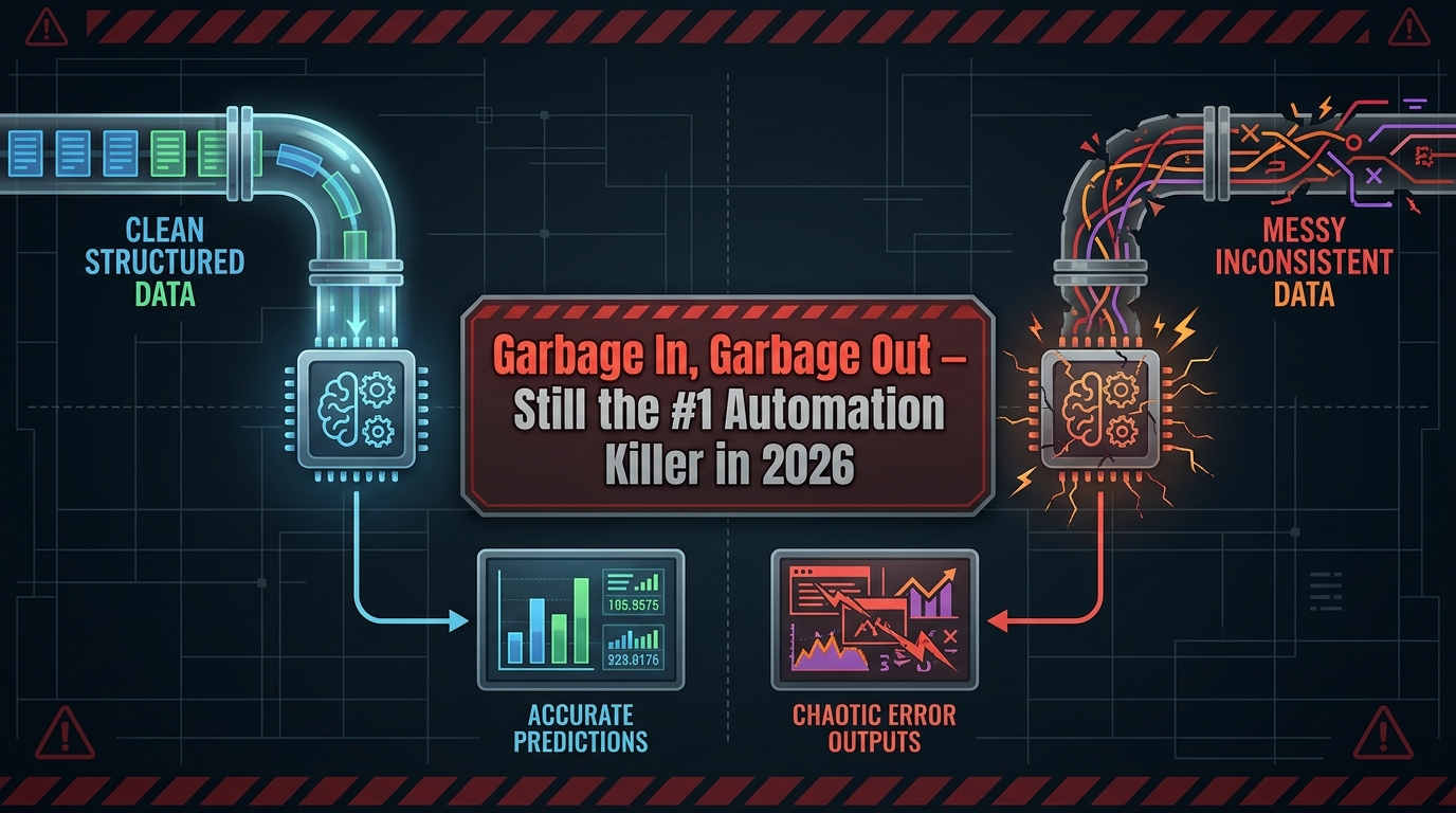 Data quality pipeline visualization showing clean data producing accurate AI outputs on the left, and messy inconsistent data producing chaotic errors on the right, with callout: Garbage In, Garbage Out — Still the #1 Automation Killer in 2026