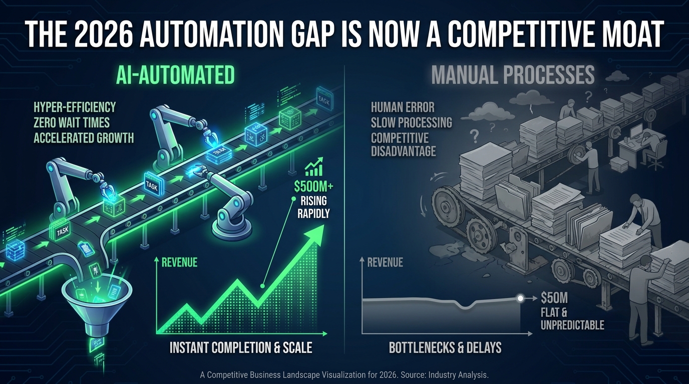 Side-by-side comparison of an AI-automated company with rising revenue graph versus a manual-process company with flat revenue line, with headline: The 2026 Automation Gap Is Now a Competitive Moat