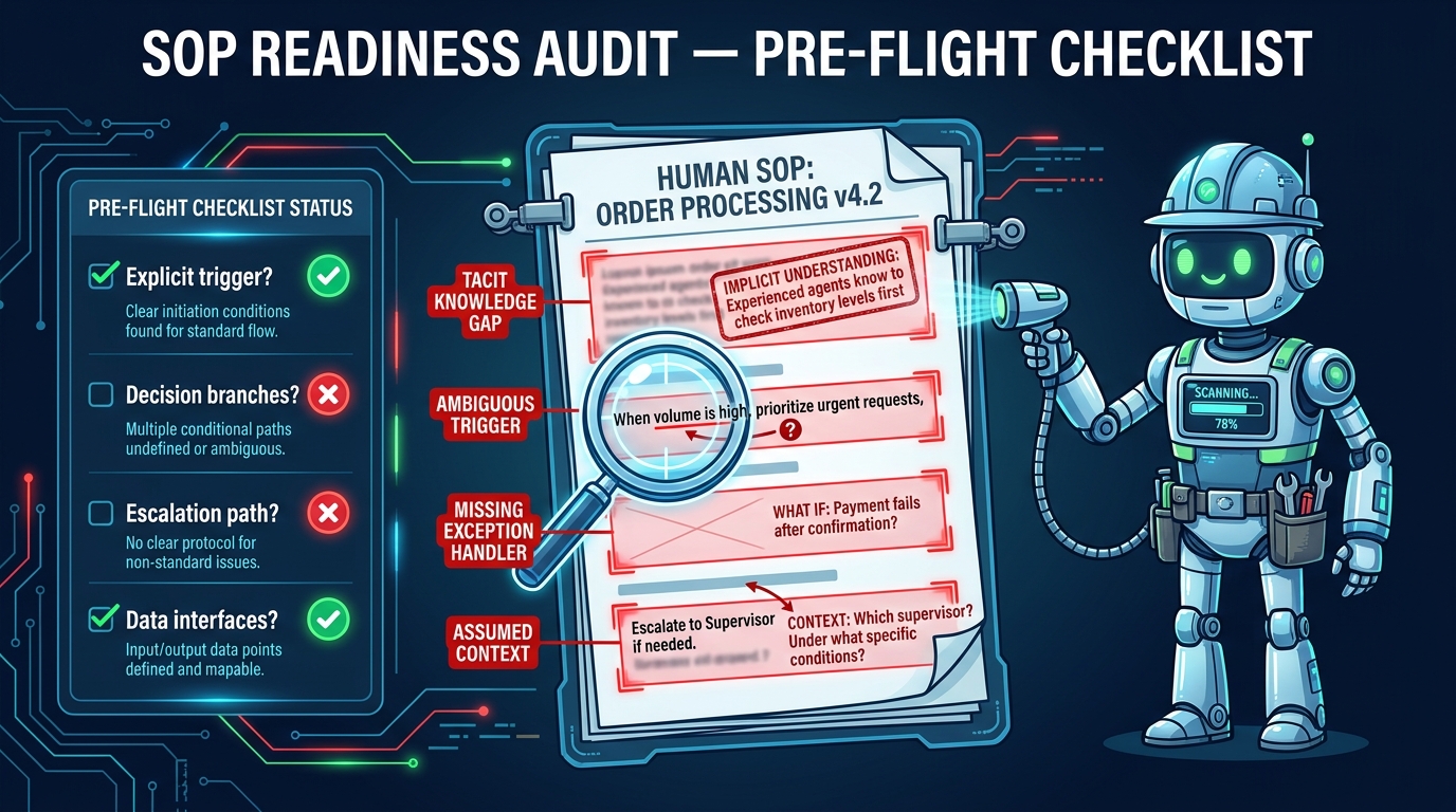 SOP readiness audit infographic showing a document with highlighted gaps — tacit knowledge, ambiguous triggers, missing exception handlers — and a pre-flight checklist with pass/fail indicators