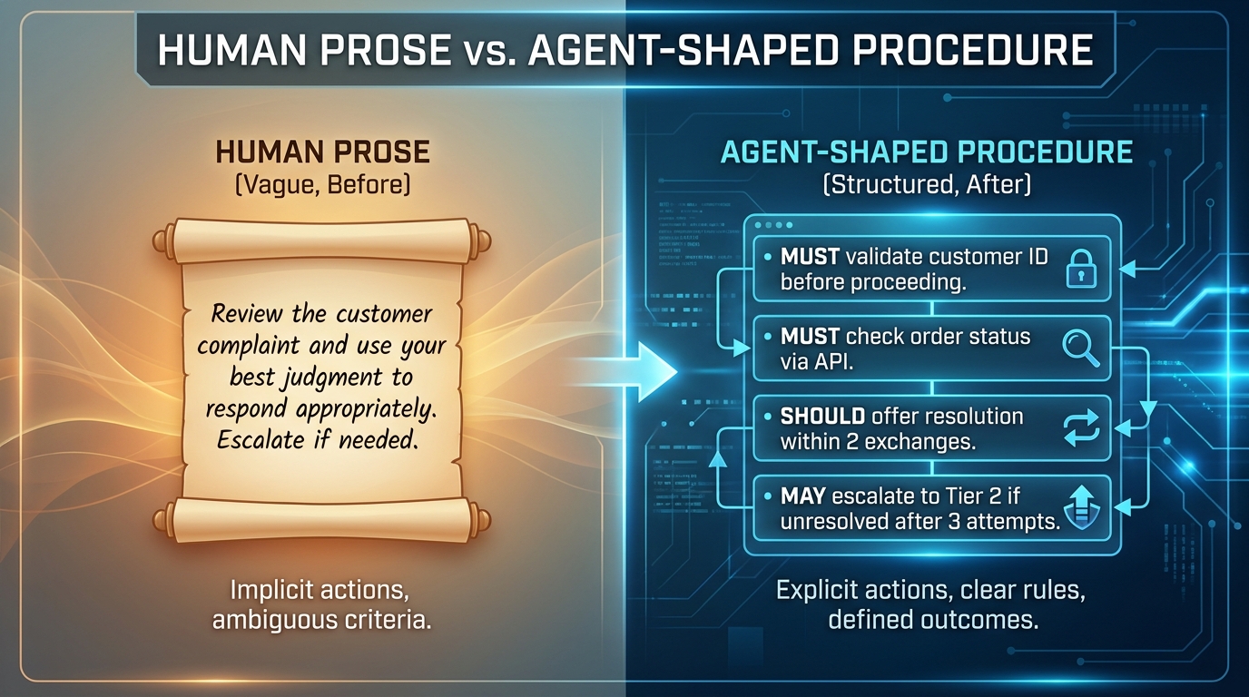 Split comparison between vague human SOP prose and a structured agent-shaped procedure using MUST, SHOULD, MAY labels — showing the before and after of the rewriting process