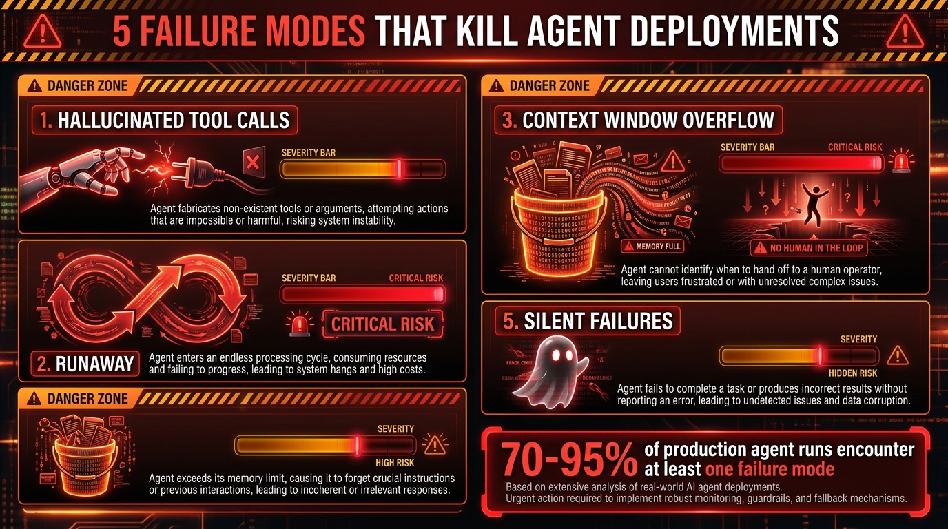 Infographic showing 5 agent failure modes that kill production deployments: hallucinated tool calls, runaway loops, context window overflow, missing escalation path, and silent failures — with severity bars and risk indicators