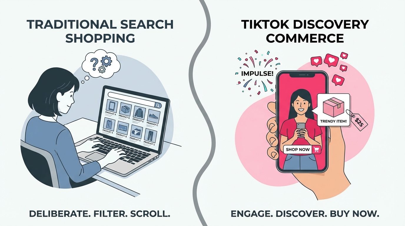 Comparison between traditional search-based shopping and TikTok discovery commerce impulse purchase model