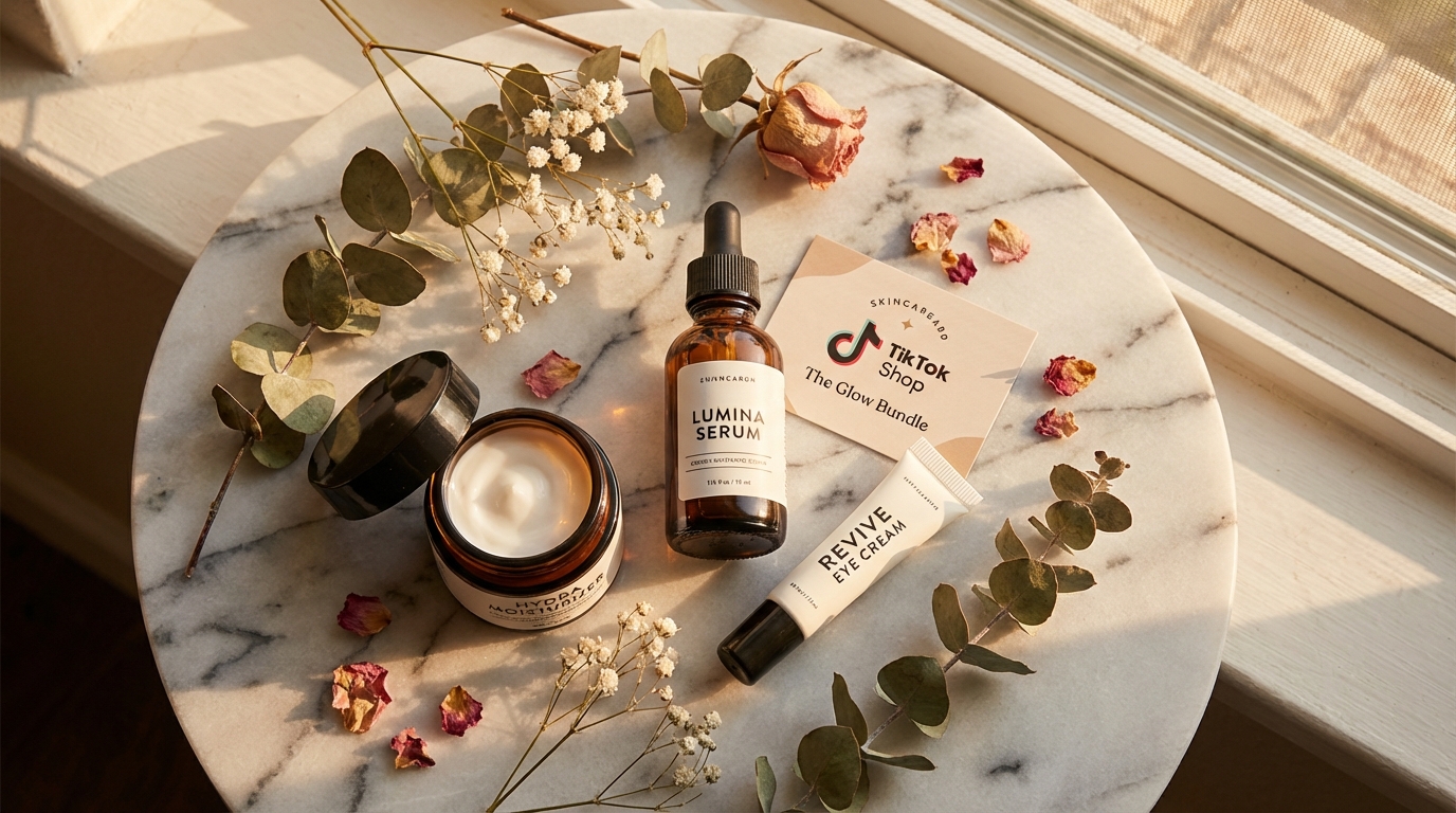 Flat lay hero product photography for TikTok Shop with skincare bundle items on marble surface