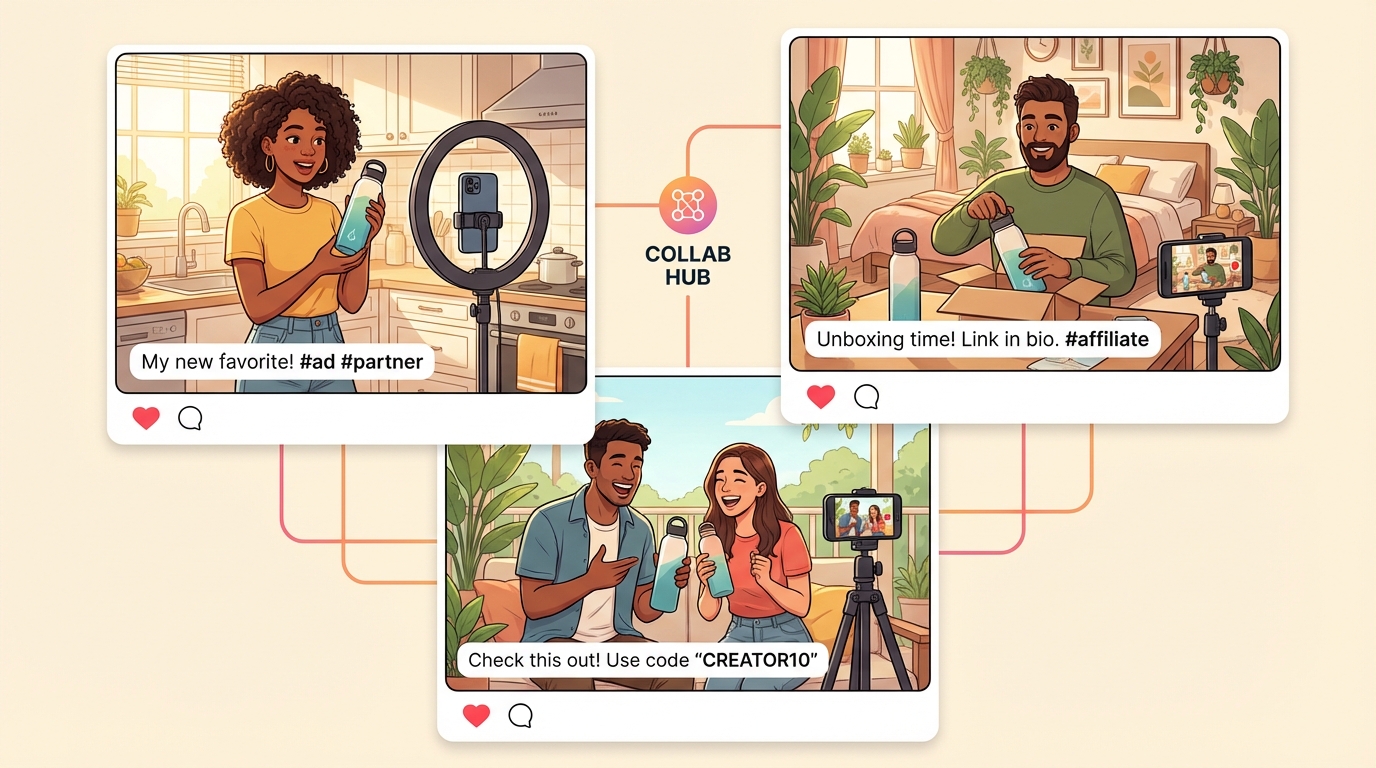 Diverse TikTok affiliate creators filming product review videos on smartphones in different home settings