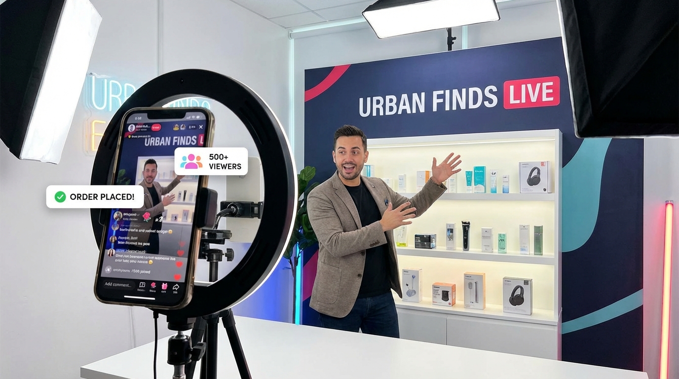 Professional TikTok LIVE selling session with branded backdrop, products displayed, and real-time order notifications