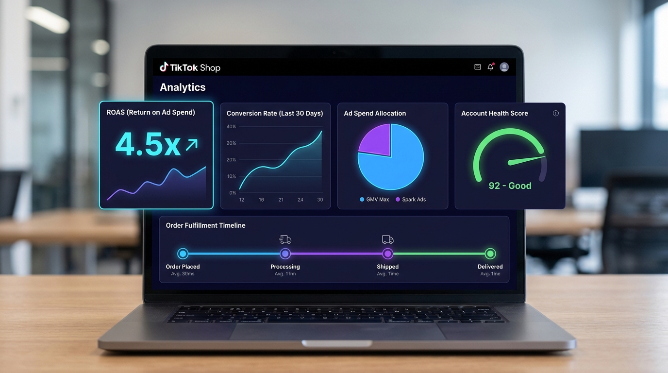 TikTok Shop analytics dashboard showing ROAS metrics, conversion rates, and ad spend allocation data