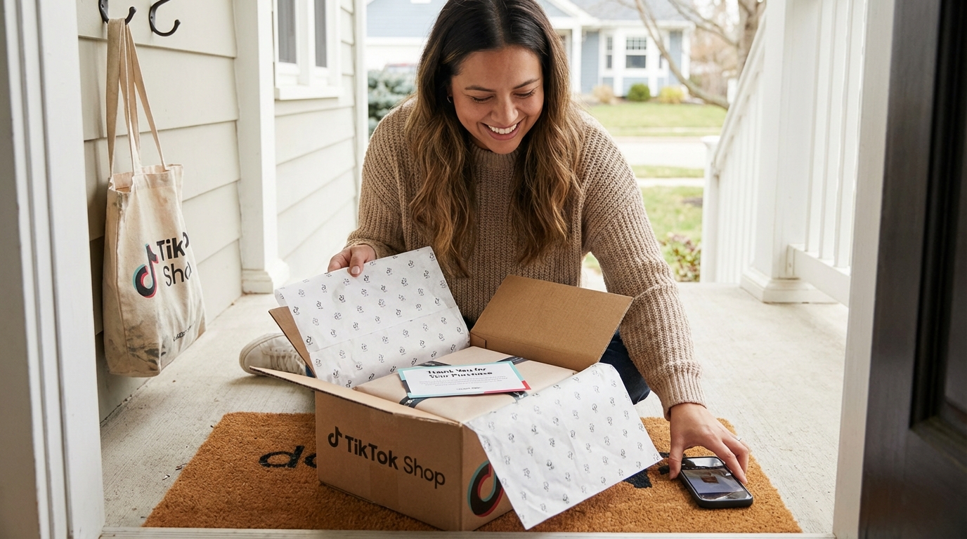 Customer unboxing a well-branded TikTok Shop package with branded tissue paper and thank-you card