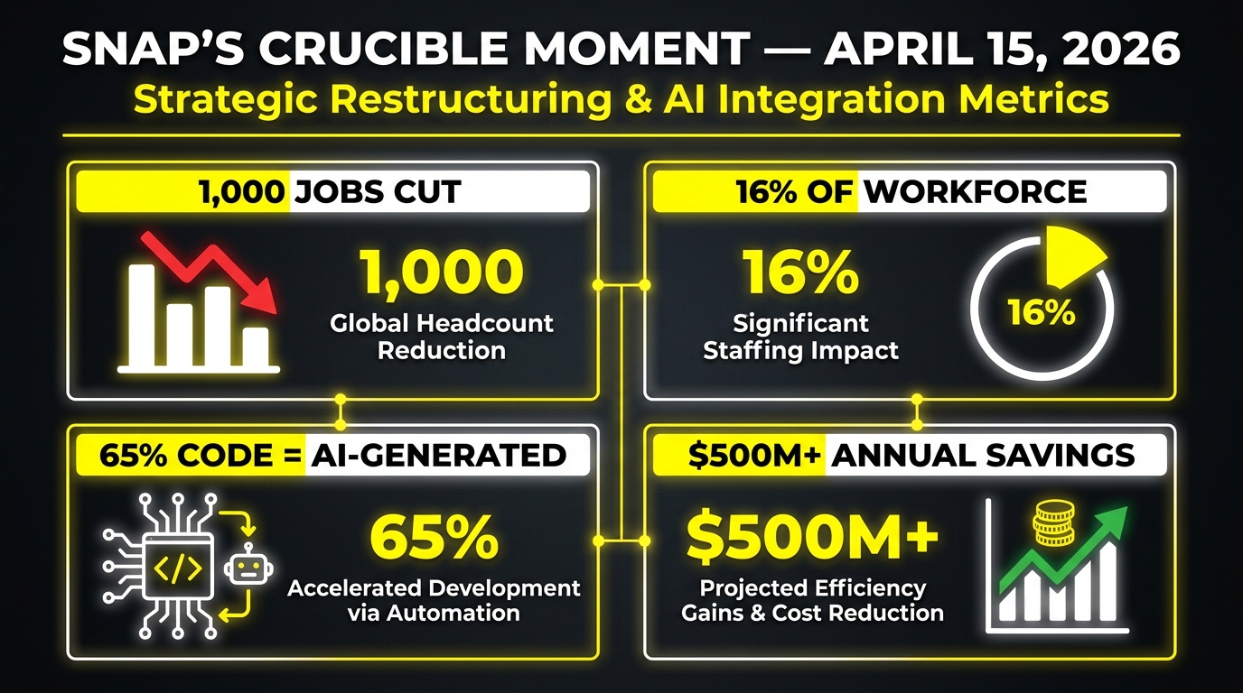 Infographic showing Snap's April 2026 announcement: 1,000 jobs cut, 16% of workforce, 65% AI-generated code, $500M+ annual savings