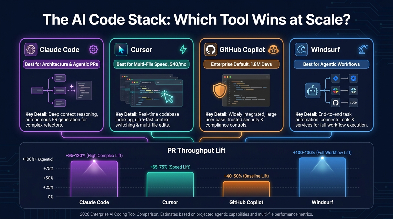 Comparison chart of AI coding tools: Claude Code for architecture, Cursor for multi-file speed, GitHub Copilot for enterprise, Windsurf for agentic workflows — with PR throughput lift comparison bars