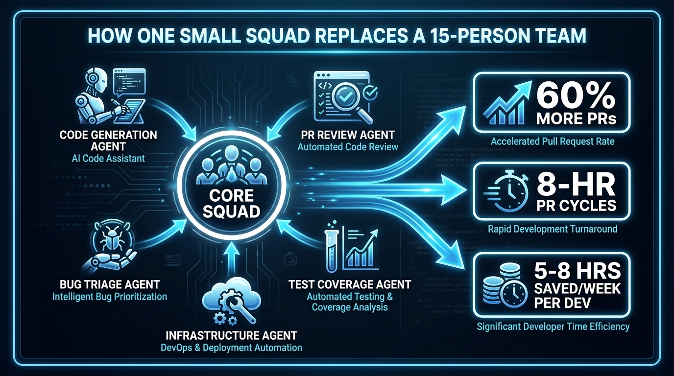 Diagram showing small core squad of 4 engineers surrounded by AI agent types: Code Generation, PR Review, Bug Triage, Test Coverage, Infrastructure — with velocity metrics showing 60% more PRs and 8-hour PR cycles