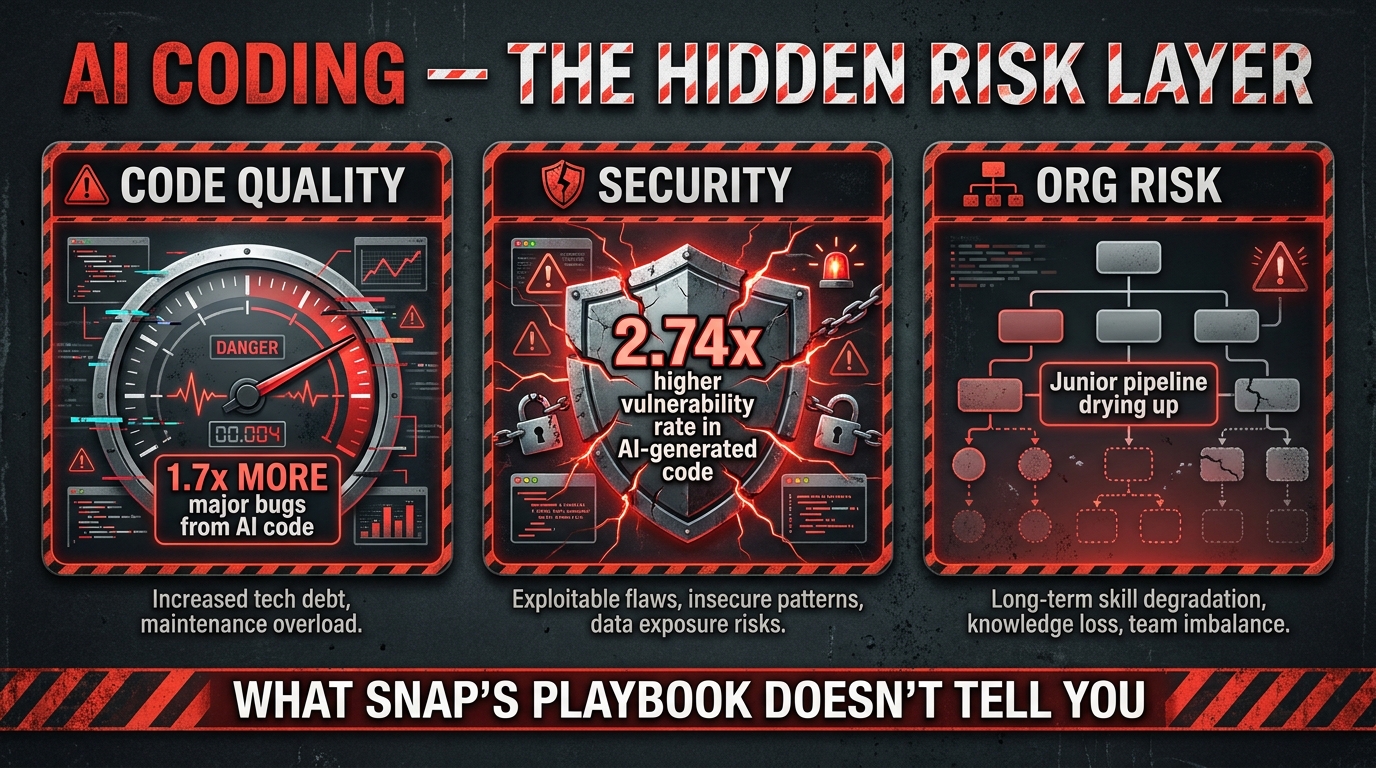 Risk infographic showing AI coding risks: 1.7x more major bugs, 2.74x higher vulnerability rate in AI-generated code, and organizational risks from junior pipeline decline