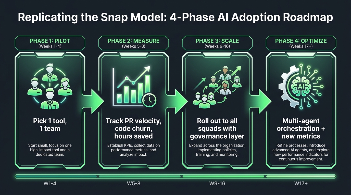 4-phase AI adoption roadmap: Phase 1 Pilot weeks 1-4, Phase 2 Measure weeks 5-8, Phase 3 Scale weeks 9-16, Phase 4 Optimize weeks 17+