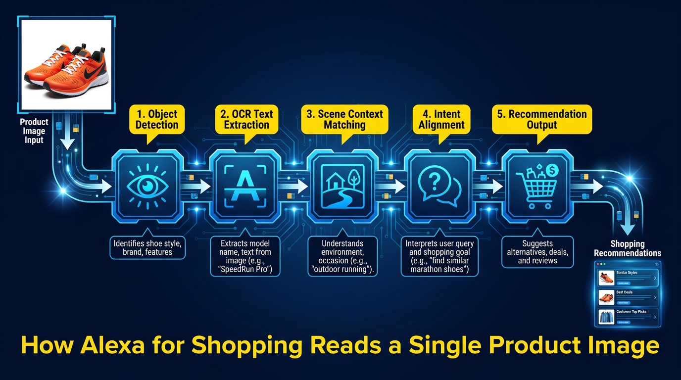 How Alexa for Shopping reads a single product image — AI pipeline: object detection, OCR, scene context, intent alignment, recommendation output