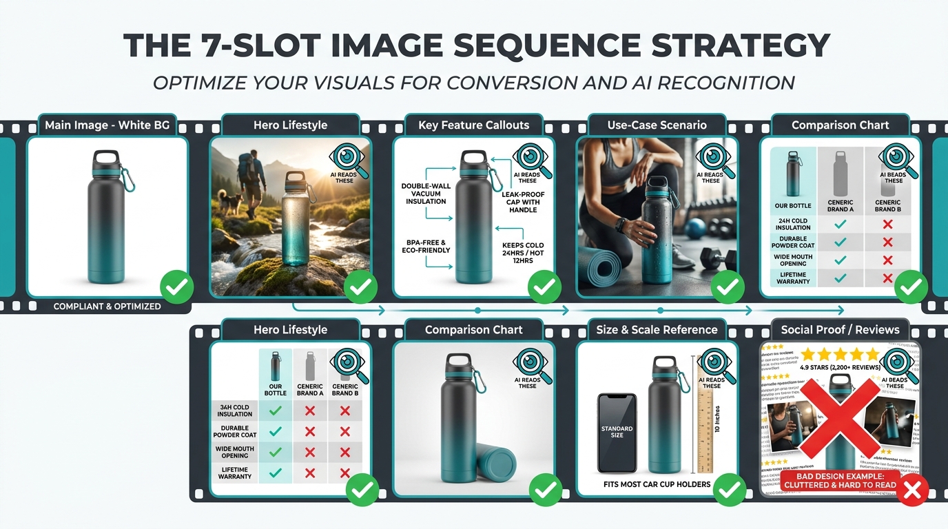Amazon 7-slot product image sequence strategy — each slot labeled with its role from main image to social proof