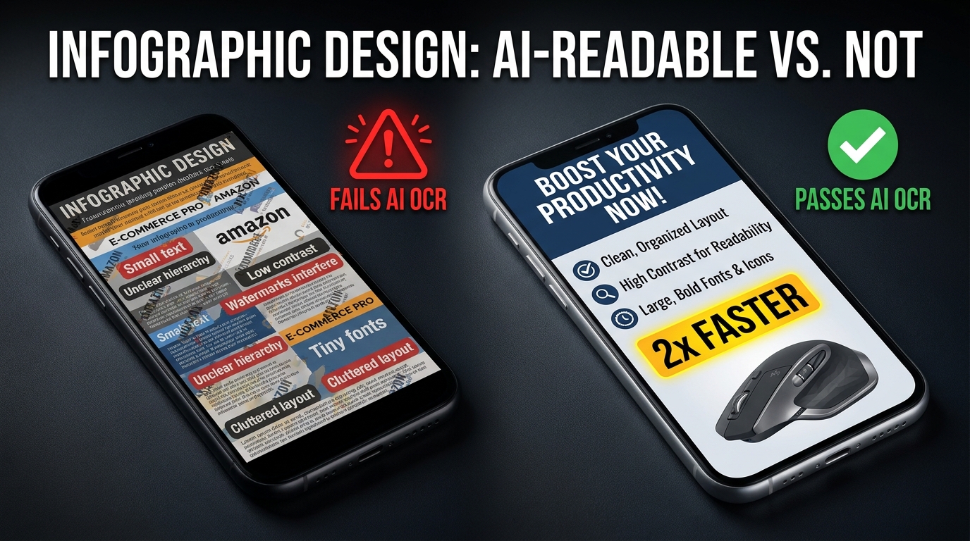 AI-readable vs non-readable Amazon product infographic design comparison — OCR-optimized vs cluttered design