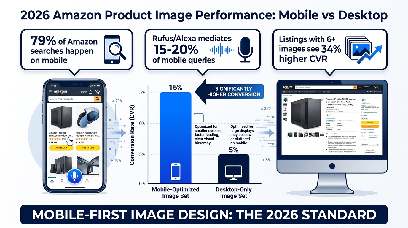 Mobile vs desktop Amazon image performance stats for 2026 — bar chart showing mobile-optimized listings outperform desktop-only image sets