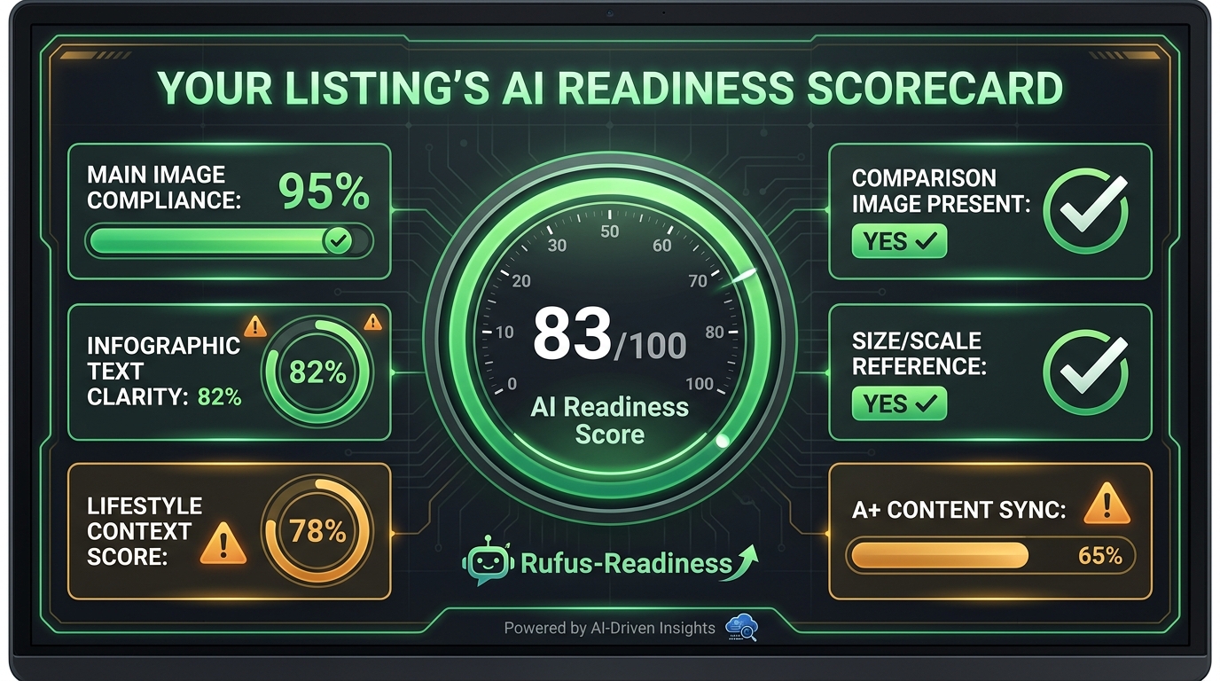 AI readiness scorecard for Amazon product listings — showing metrics for main image compliance, infographic clarity, lifestyle context, and A+ content sync