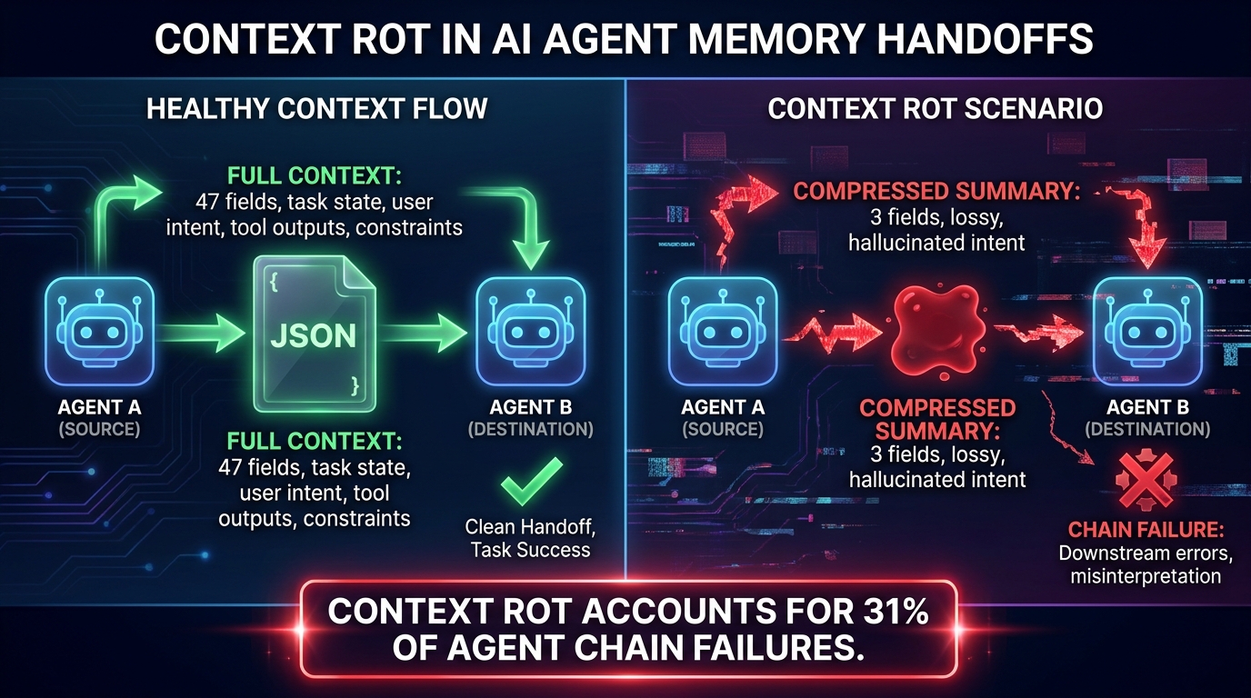 Split-panel diagram comparing healthy context transfer with context rot — showing how lossy compression of agent memory causes downstream failures