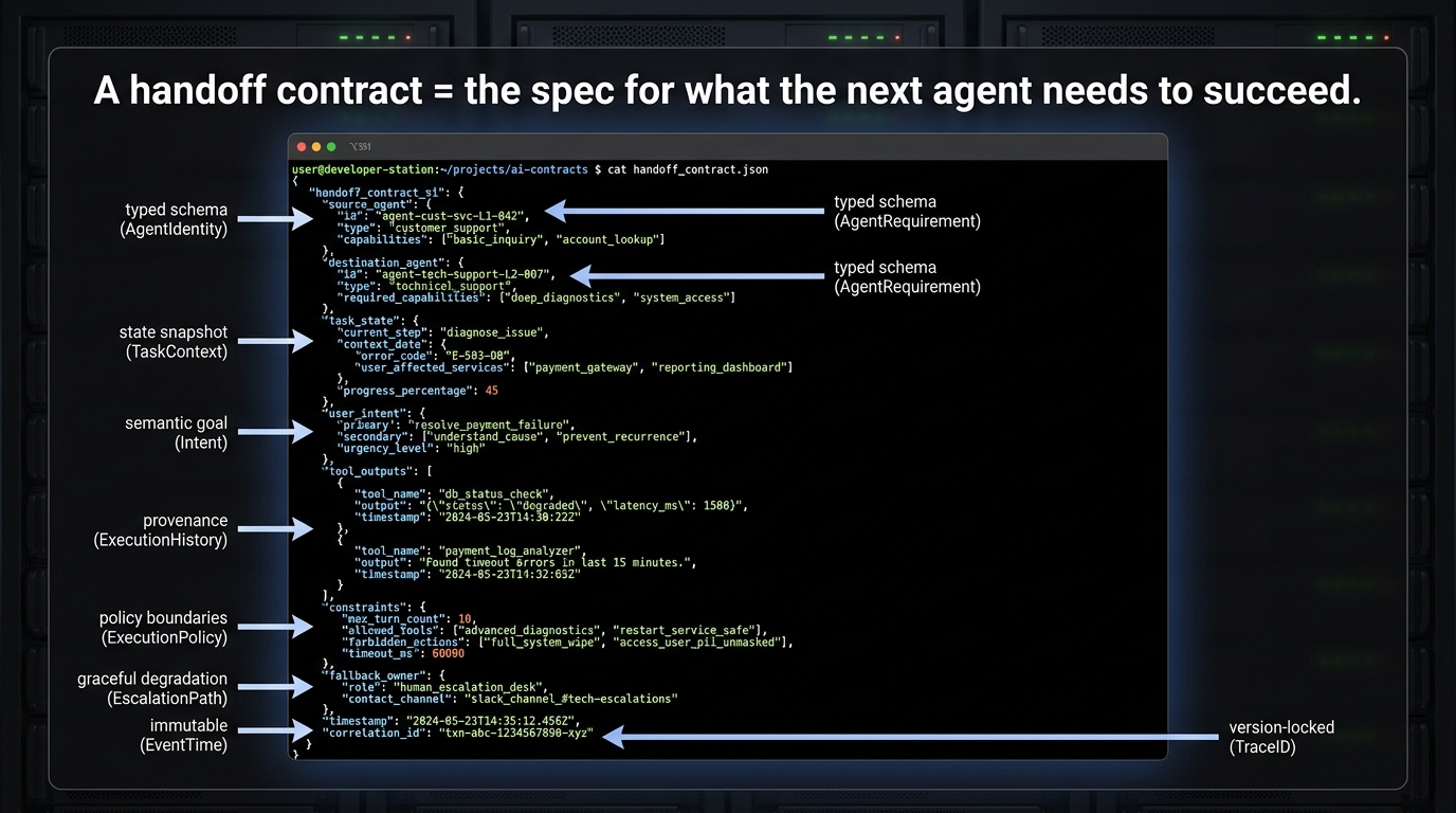 Technical diagram of an AI agent handoff contract — a structured JSON schema with typed fields including source agent, destination agent, task state, constraints, and fallback owner