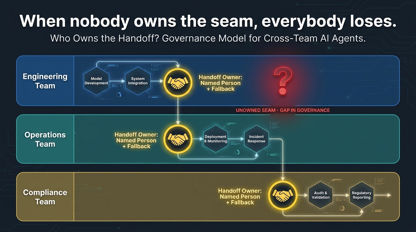 Cross-team governance swim lane diagram showing named handoff owners at each AI agent transition point between engineering, operations, and compliance teams