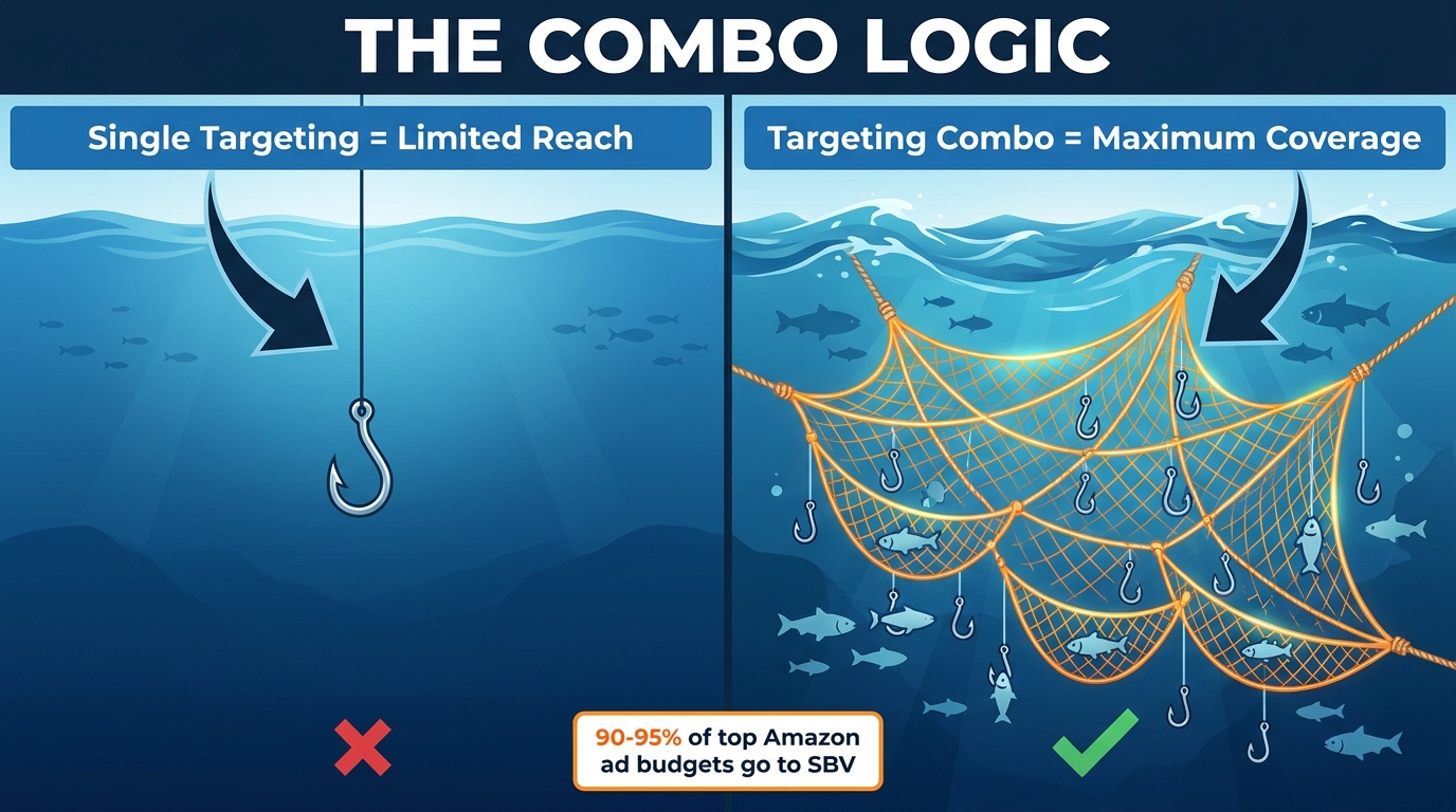 The Combo Logic — single targeting vs multi-layer targeting comparison for Sponsored Brand Video