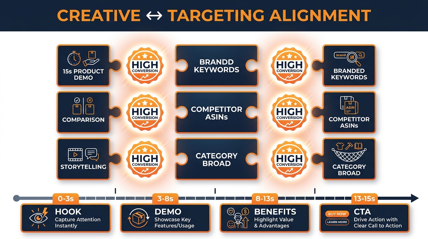 Sponsored Brand Video creative to targeting alignment — puzzle showing video type matched to targeting intent