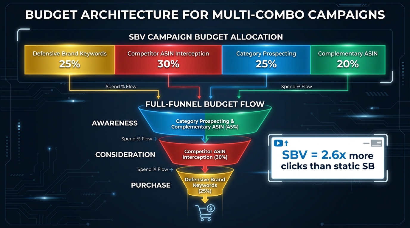 Budget architecture for multi-combo Sponsored Brand Video campaigns — allocation chart across targeting types