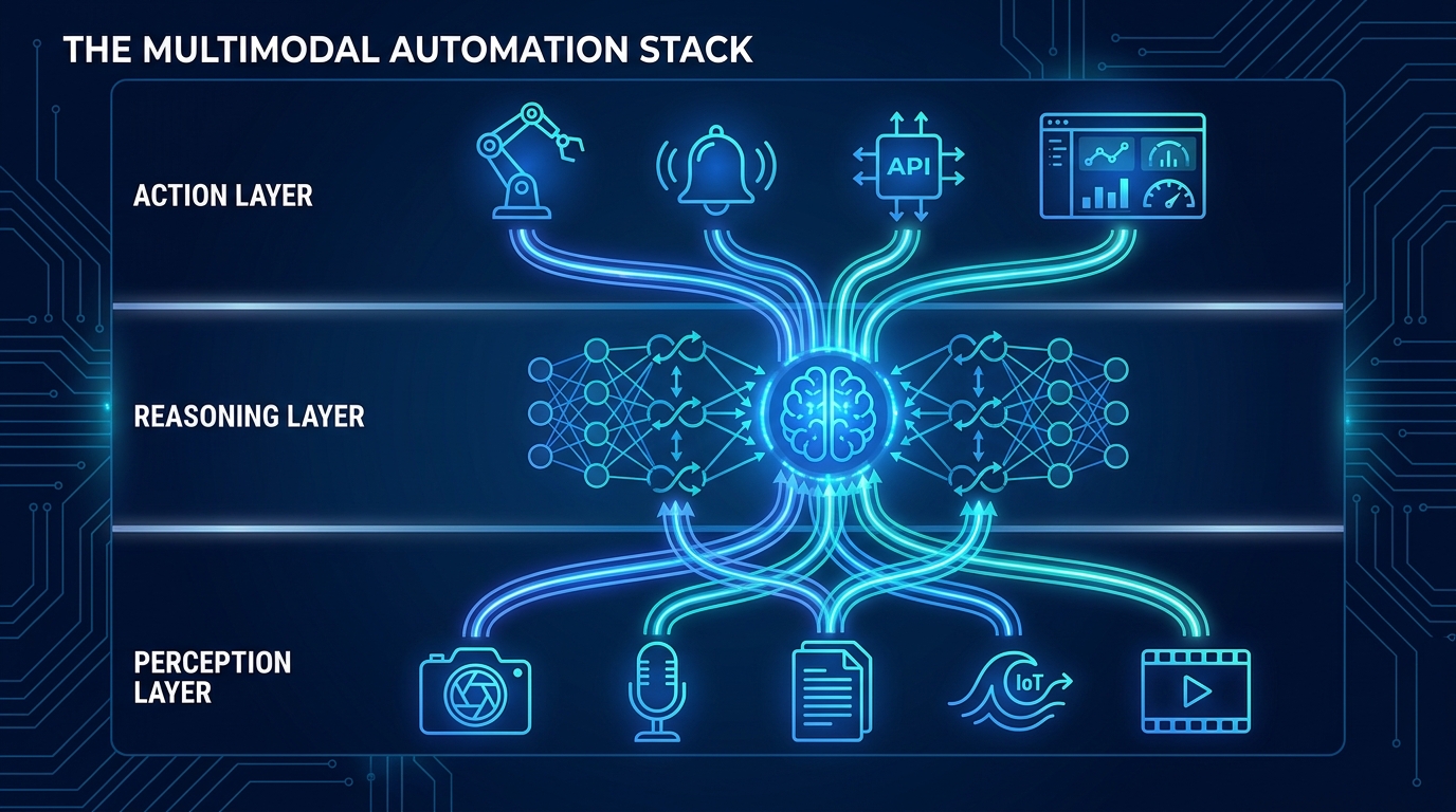 The Multimodal Automation Stack — three-layer architecture diagram showing perception, reasoning, and action layers with data flows
