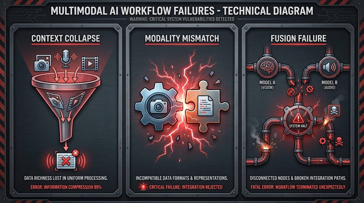Three failure modes of multimodal AI workflows: context collapse, modality mismatch, and fusion failure — a technical diagnostic diagram