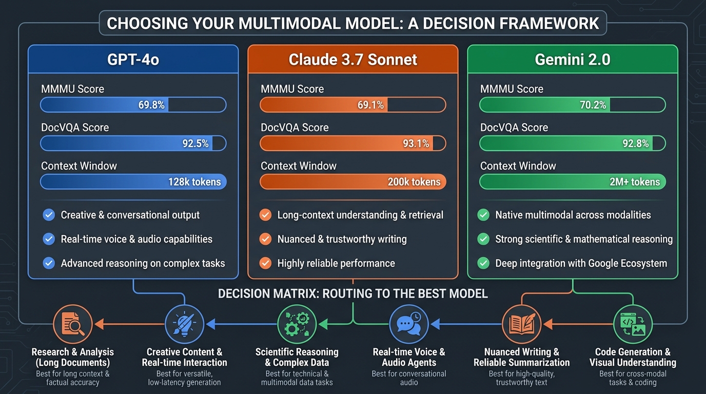 Decision framework comparing GPT-4o, Claude 3.7 Sonnet, and Gemini 2.0 for enterprise multimodal AI workflows — benchmark scores and use case routing