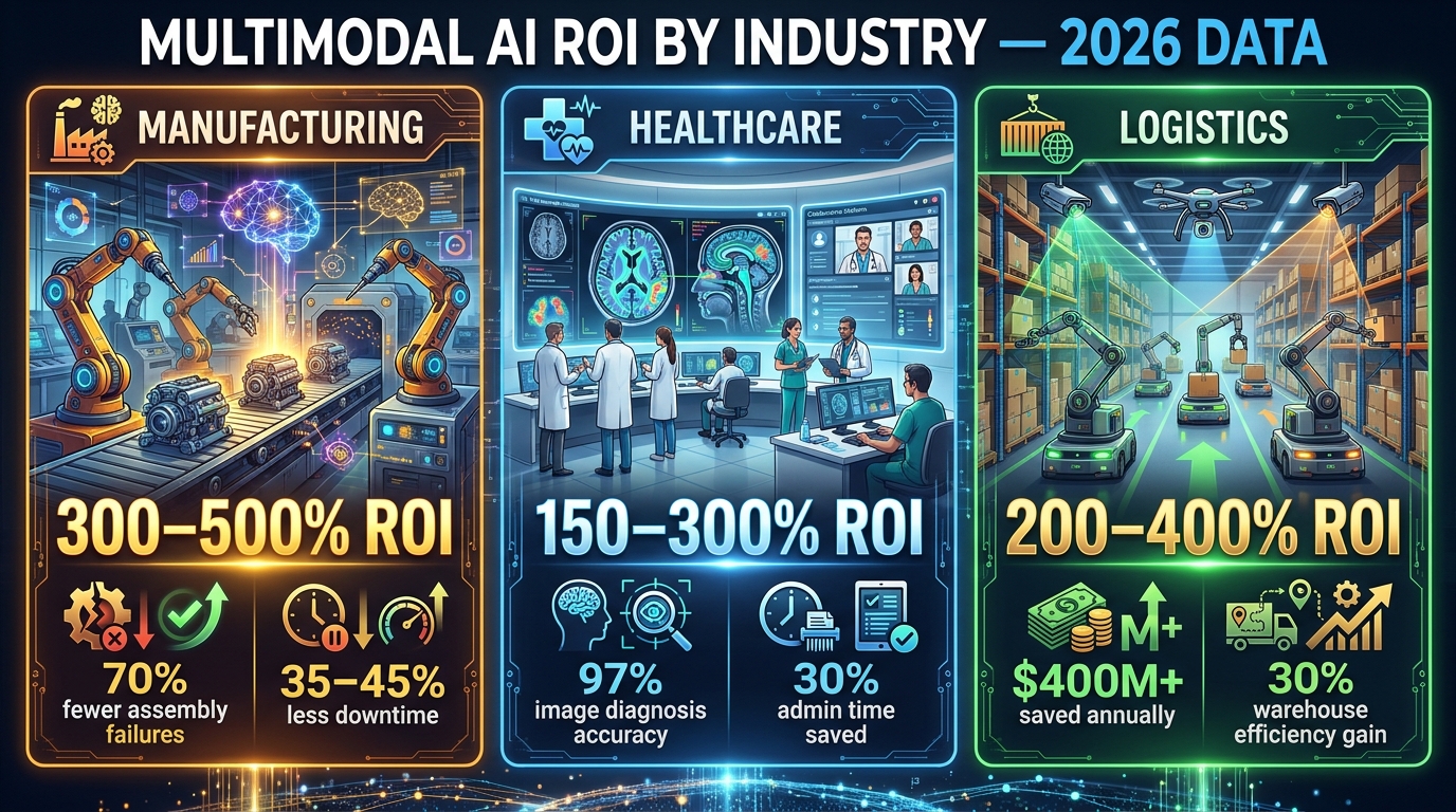 Multimodal AI ROI by industry 2026 data — manufacturing 300-500% ROI, healthcare 150-300%, logistics 200-400% with supporting statistics