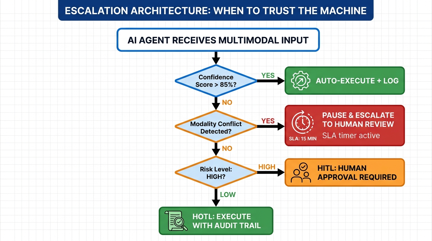 Escalation architecture decision flowchart: confidence-score routing to auto-execute, HITL approval, or HOTL audit paths in multimodal AI workflows