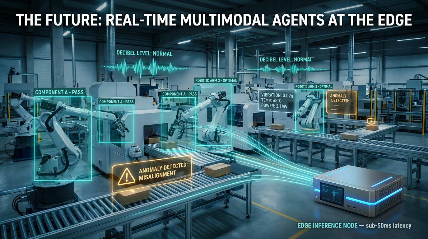 Edge-deployed multimodal AI in an industrial facility with real-time AI vision overlays, sensor data readouts, and sub-50ms latency edge inference node
