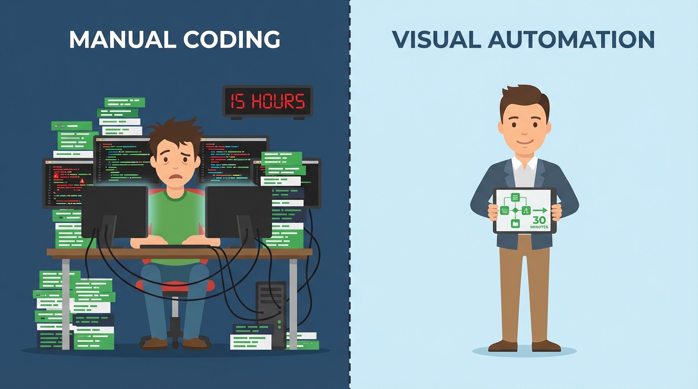 Split-screen comparison: a stressed developer surrounded by code labeled 15 hours versus a relaxed business person with a simple visual flowchart labeled 30 minutes