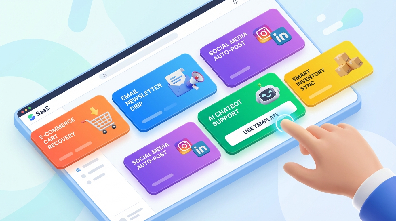 Colorful pre-built automation template cards on a digital screen with icons for e-commerce cart, email newsletter, chatbot, social media, and inventory management