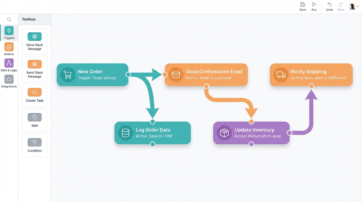 No-code visual workflow builder interface with drag-and-drop nodes showing an automated e-commerce order flow: new order, send confirmation email, update inventory, notify shipping