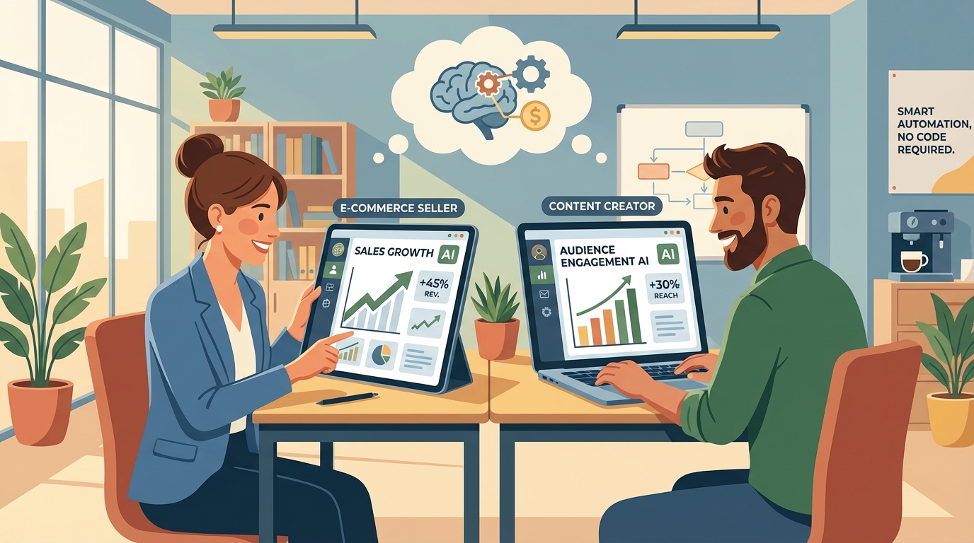 An e-commerce seller and a content creator using AI automation dashboards on laptops showing upward growth trend charts in a modern office setting