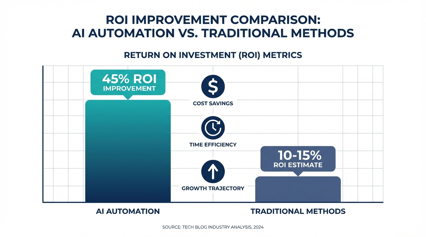 Infographic-style bar chart comparing AI automation ROI metrics showing 45% improvement alongside icons of a dollar sign, clock, and upward arrow