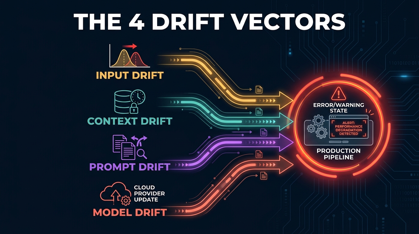 The 4 Drift Vectors diagram — input drift, context drift, prompt drift, and model drift all converging on a failing production pipeline