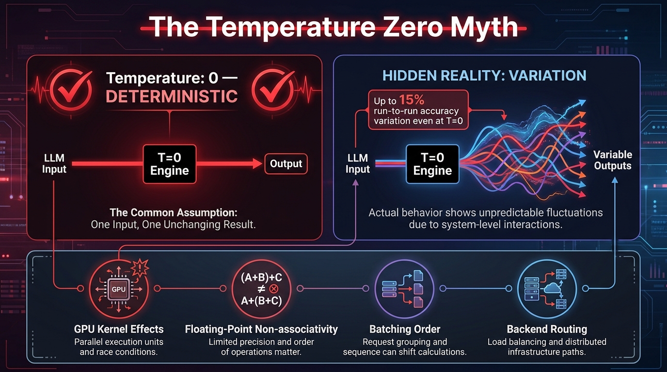 The Temperature Zero Myth — infographic showing up to 15% run-to-run accuracy variation even at temperature=0, caused by GPU kernel effects, floating-point non-associativity, batching, and backend routing