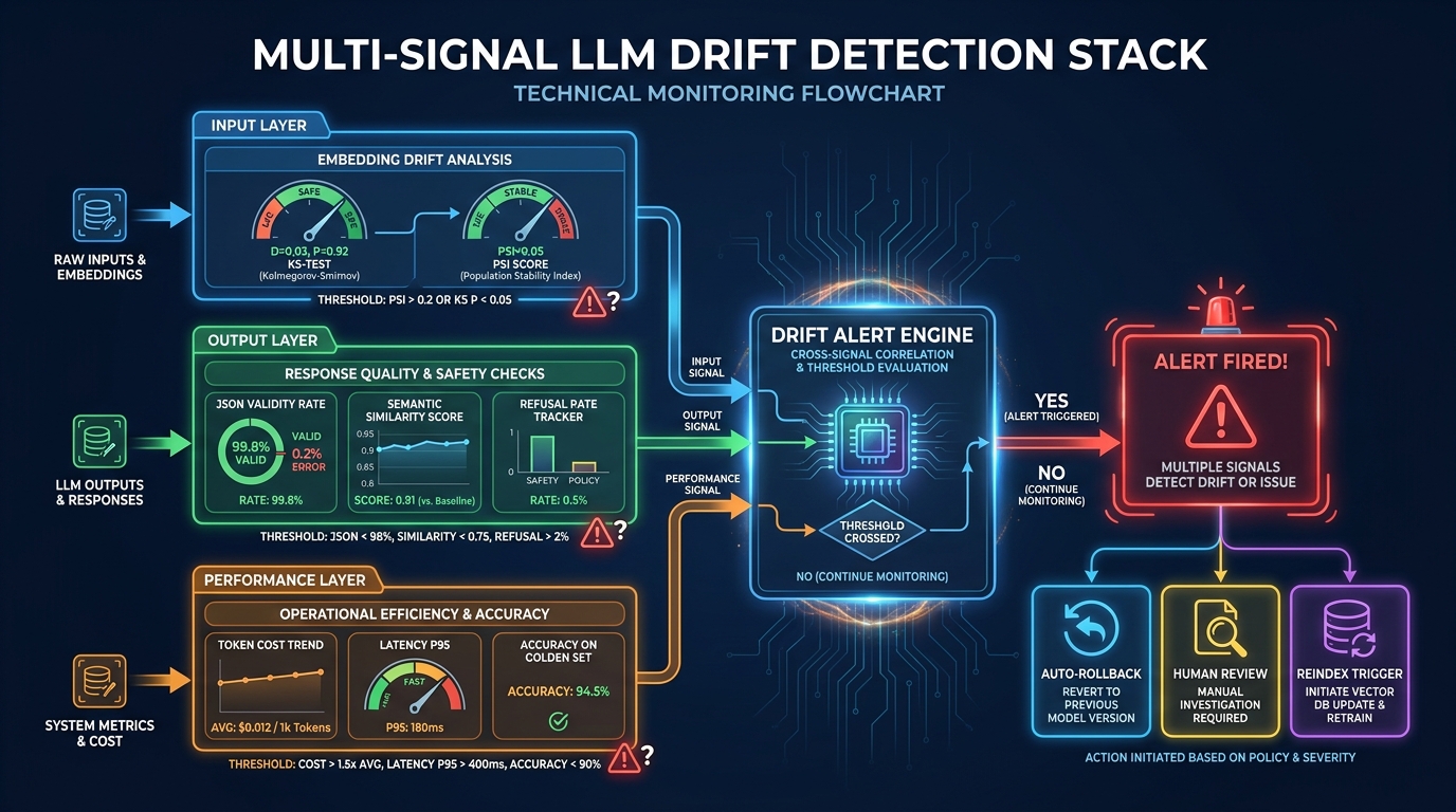 Multi-signal LLM drift detection stack diagram showing input layer, output layer, and performance layer all feeding into a central Drift Alert Engine with auto-rollback options