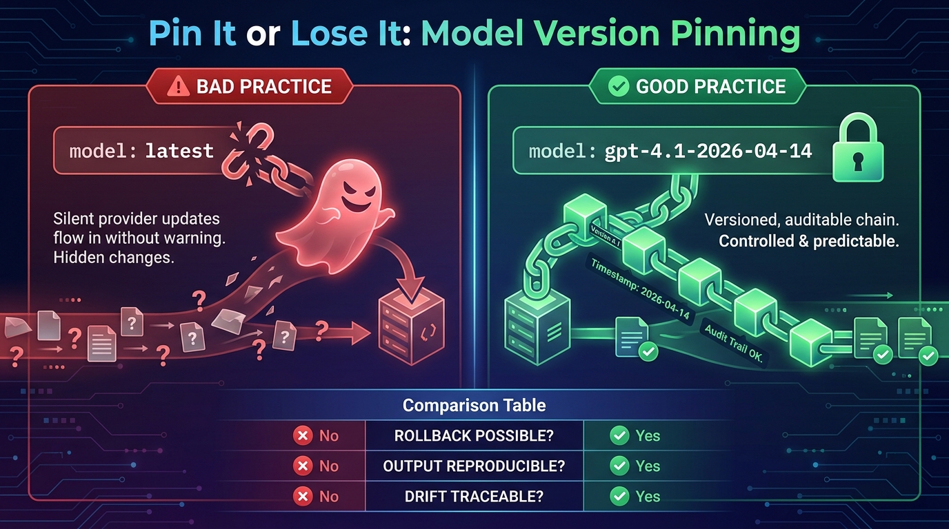 Pin It or Lose It — comparison infographic showing bad practice of using 'latest' model alias vs good practice of pinning exact model version, with rollback and reproducibility comparison