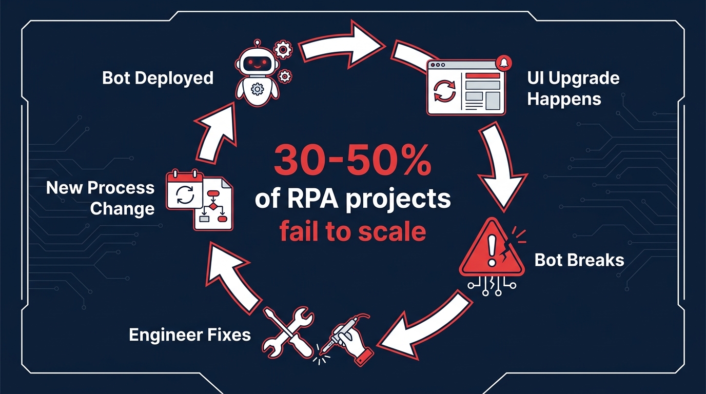 Circular diagram showing the failure cycle of a static RPA bot: deployed, UI changes, bot breaks, engineer fixes, repeat — with stat showing 30-50% of RPA projects fail to scale
