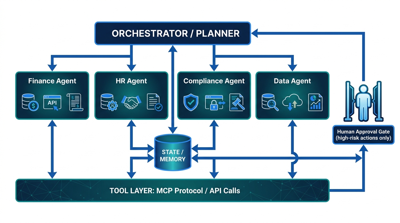 Architecture diagram of a multi-agent agentic AI system showing an orchestrator directing specialist agents through a tool layer with a human approval gate for high-risk actions