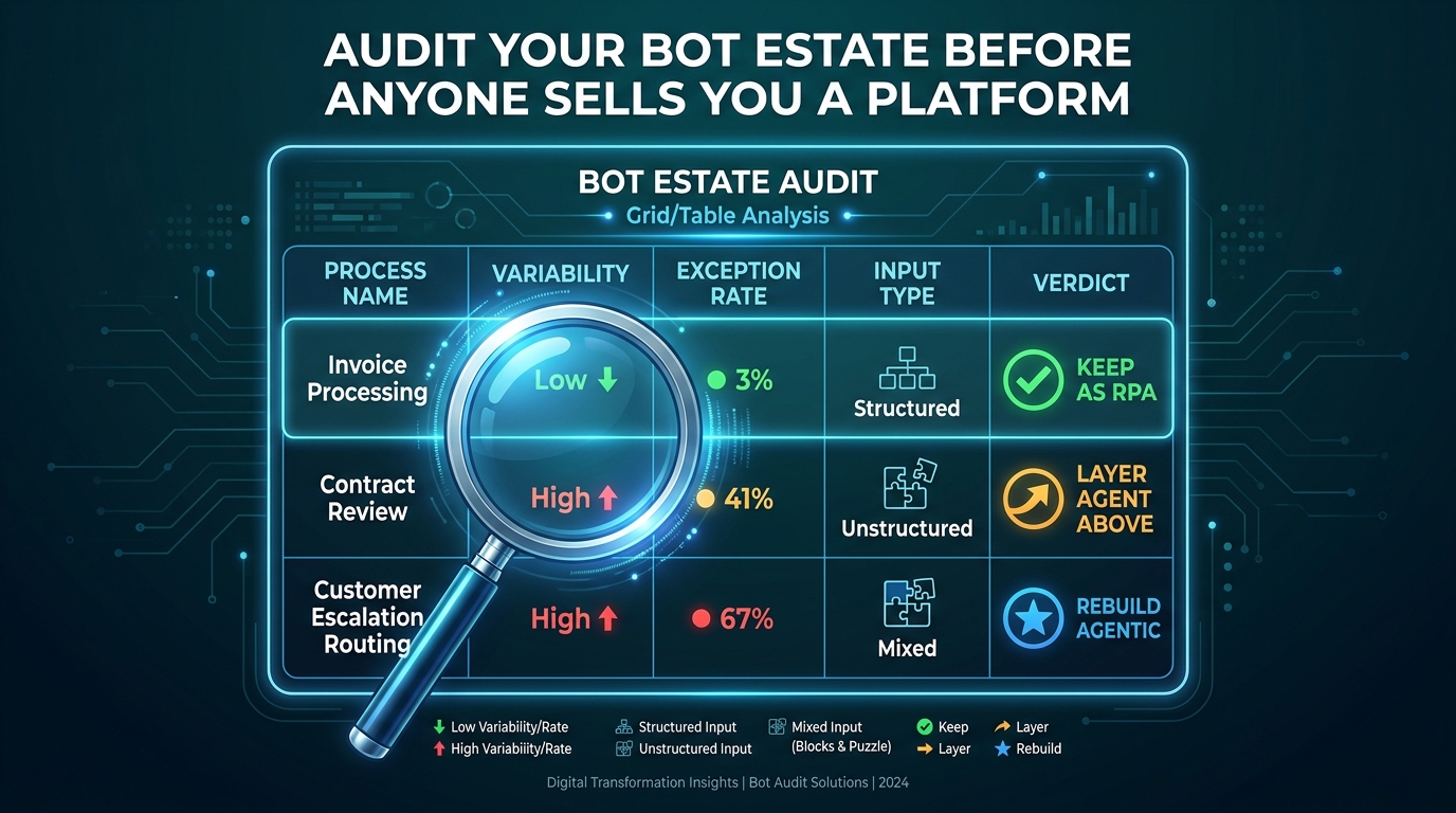 Bot estate audit grid showing three example processes — Invoice Processing kept as RPA, Contract Review with agent layered above, Customer Escalation Routing rebuilt as agentic — with columns for variability, exception rate, input type, and verdict
