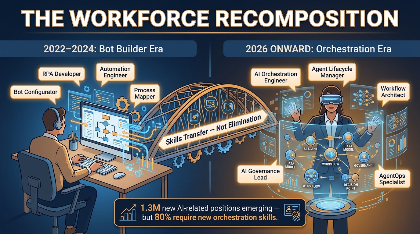 Split illustration showing the Bot Builder Era from 2022 to 2024 with RPA Developer and Automation Engineer roles on the left, and the Orchestration Era from 2026 onward with AI Orchestration Engineer, Agent Lifecycle Manager, and AI Governance Lead roles on the right, connected by a bridge labeled Skills Transfer Not Elimination