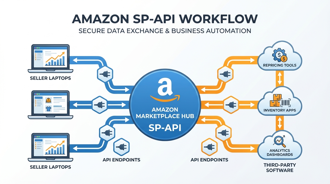 Diagram showing the Amazon SP-API connecting sellers, third-party tools, and the marketplace through API endpoints