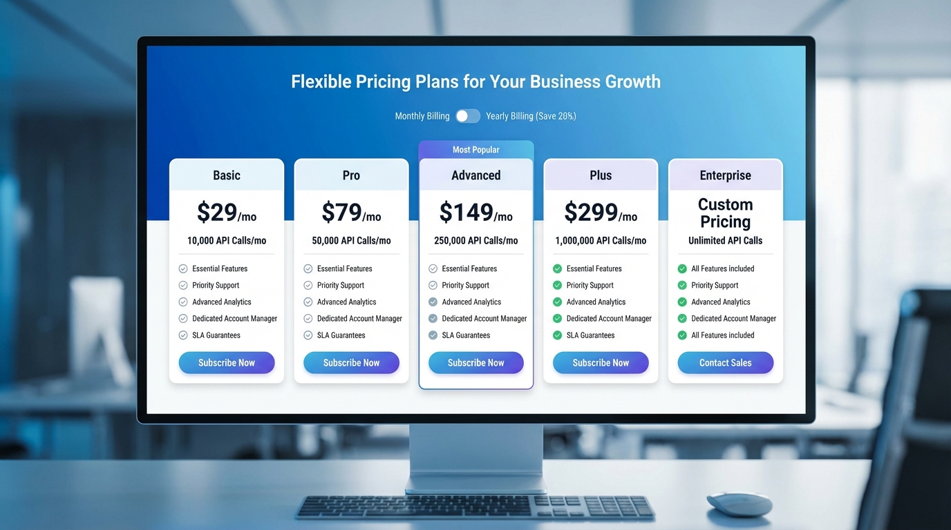 SP-API subscription tier pricing table showing Basic, Pro, Advanced, Plus, and Enterprise tiers on a digital display